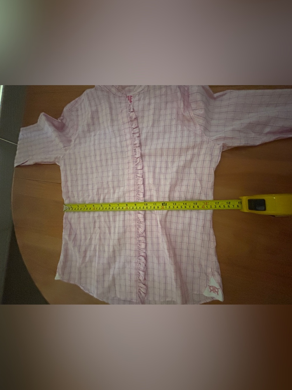 Pink, White, & Blue Plaid 100% Cotton Button-Down Shirt with Ruffle Detail ~ Med - Picture 7 of 15